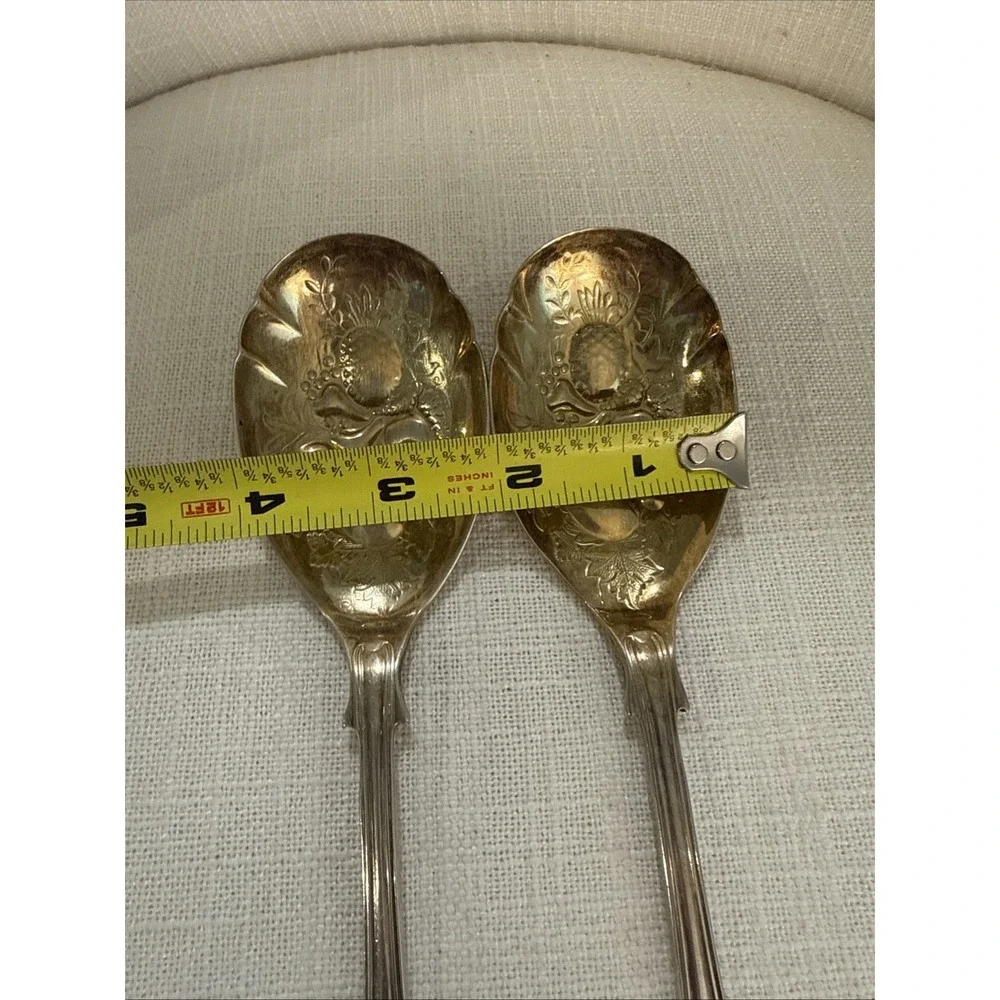 Sheffield England Embossed Fruits Silver and‎ Gold Plated Serving Spoons 8 1/2
